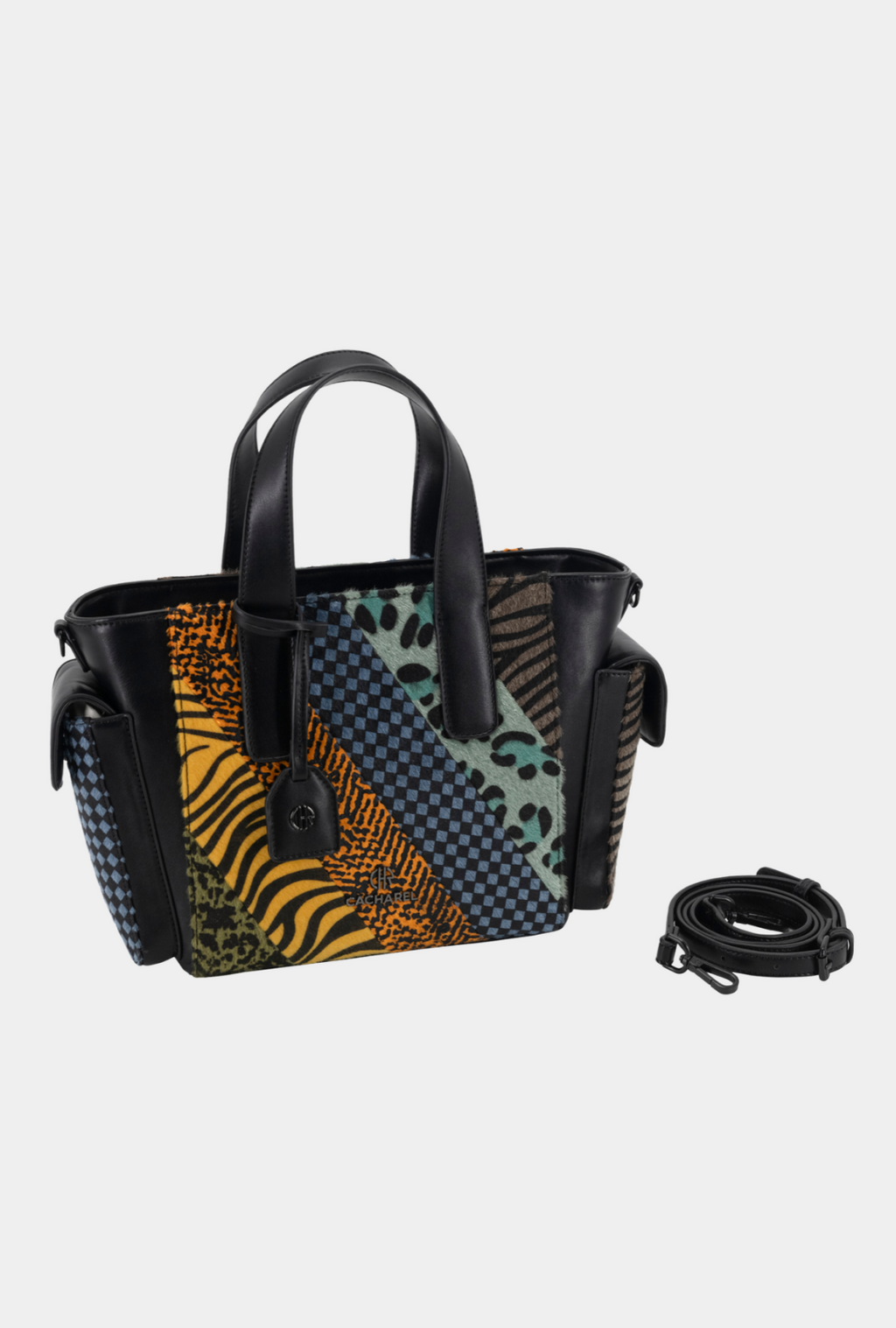 Bolso shopper Cacharel patchwork estampados animal print otra vista en ángulo con correa desmontable