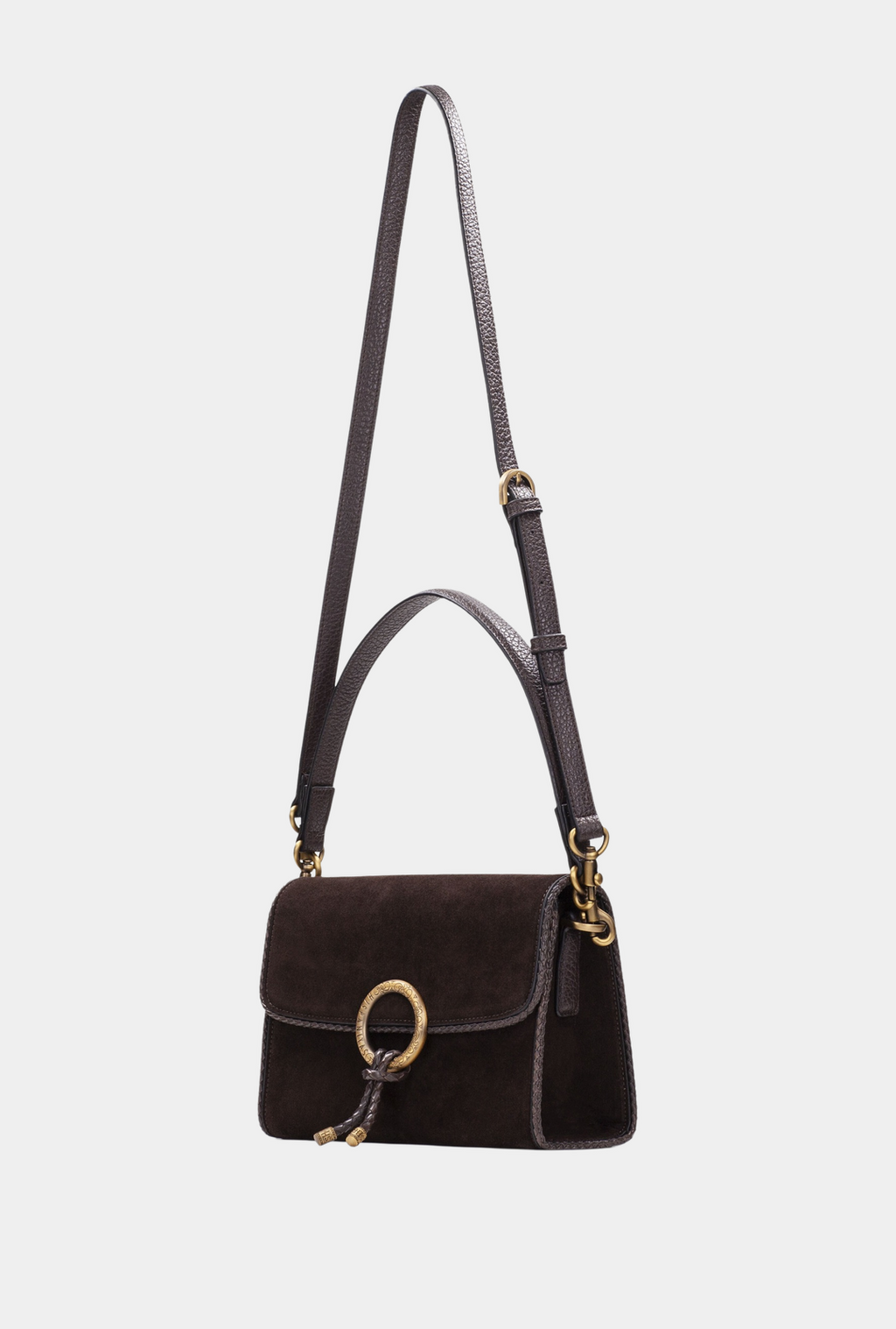 Vista frontal del Hispanitas Bolso Chocolate con correa larga.