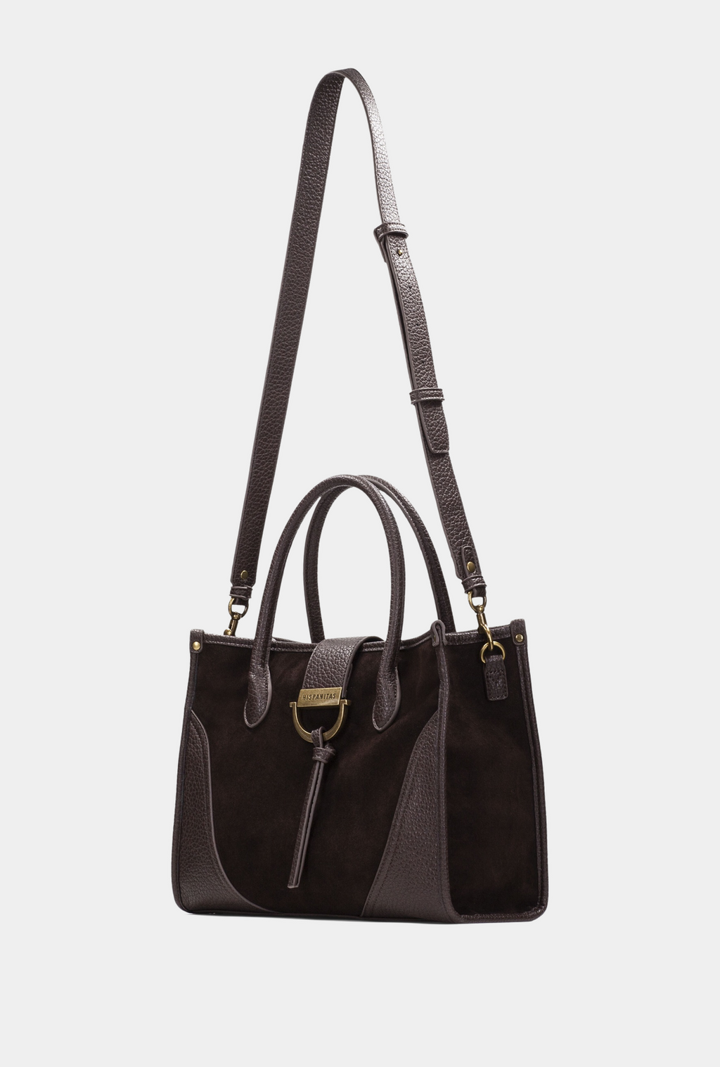 Vista frontal del Hispanitas Tote Chocolate con asa corta y correa larga adicional.