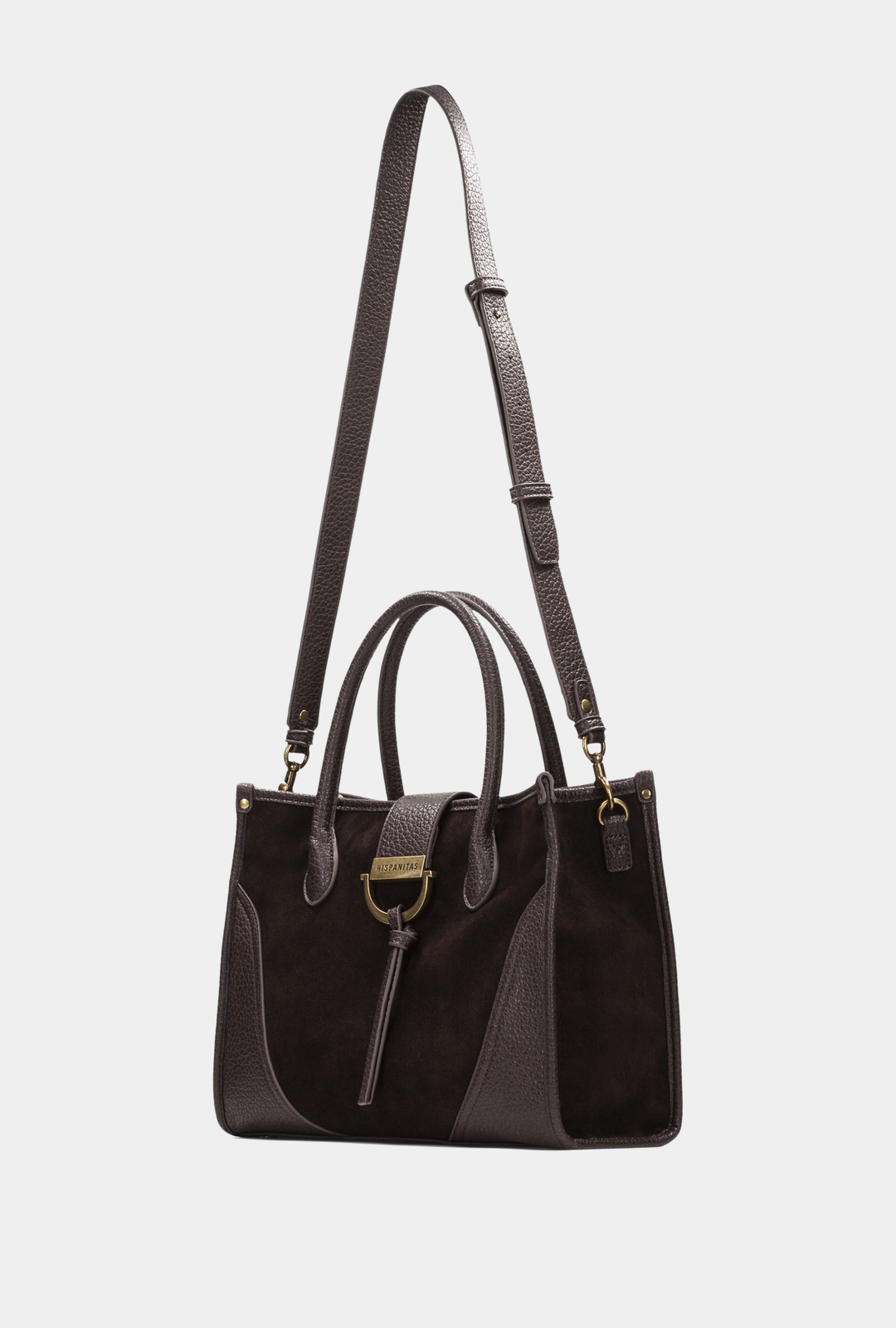 Vista frontal del Hispanitas Tote Chocolate con asa corta y correa larga adicional.