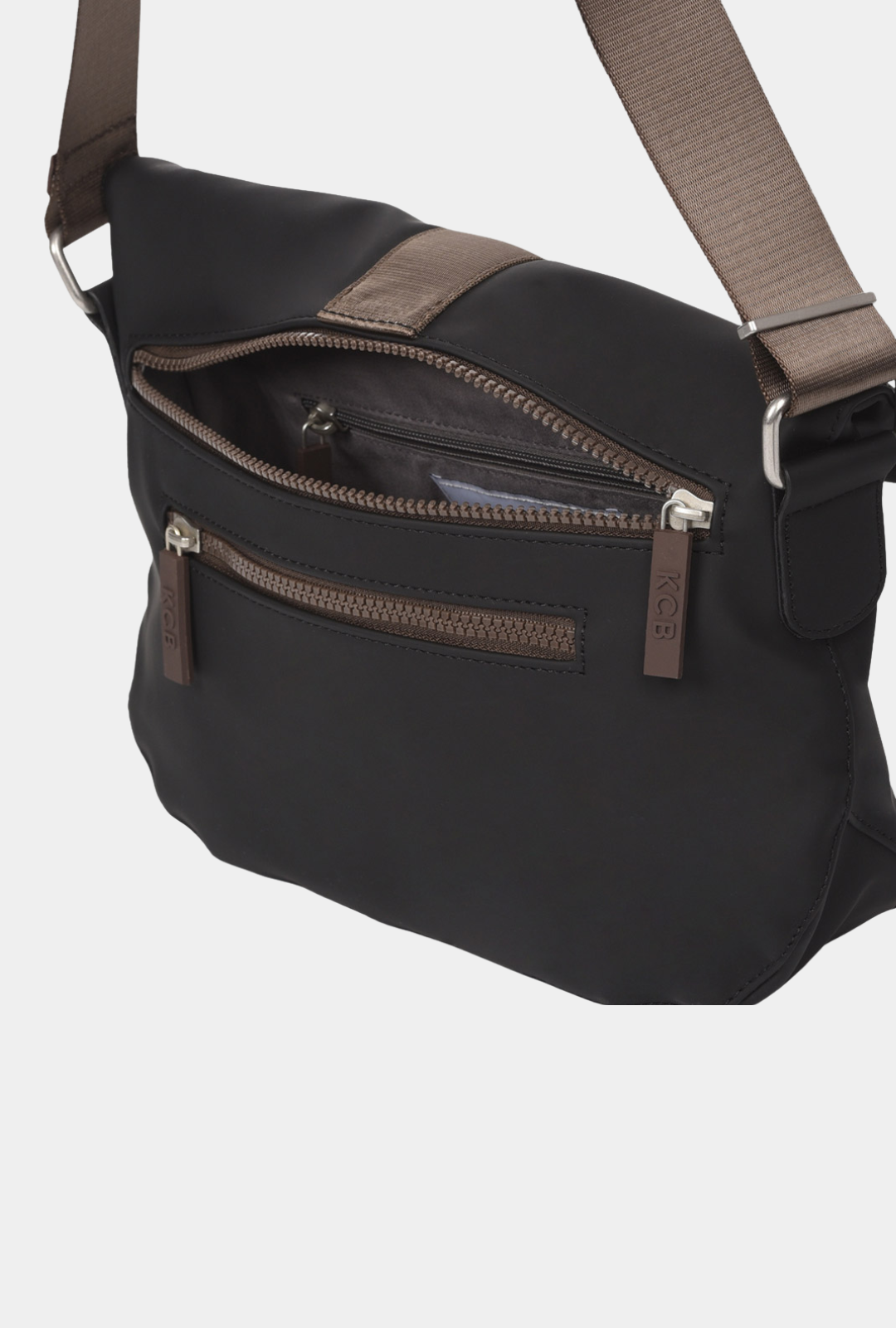 Parte trasera de la bandolera antirrobo pequeña KCB Chain color negro con compartimento principal de seguridad