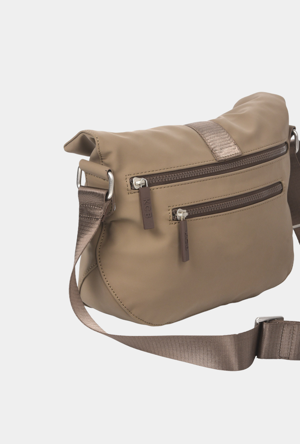 Parte trasera de la bandolera antirrobo pequeña KCB Chain color taupe con compartimento principal de seguridad