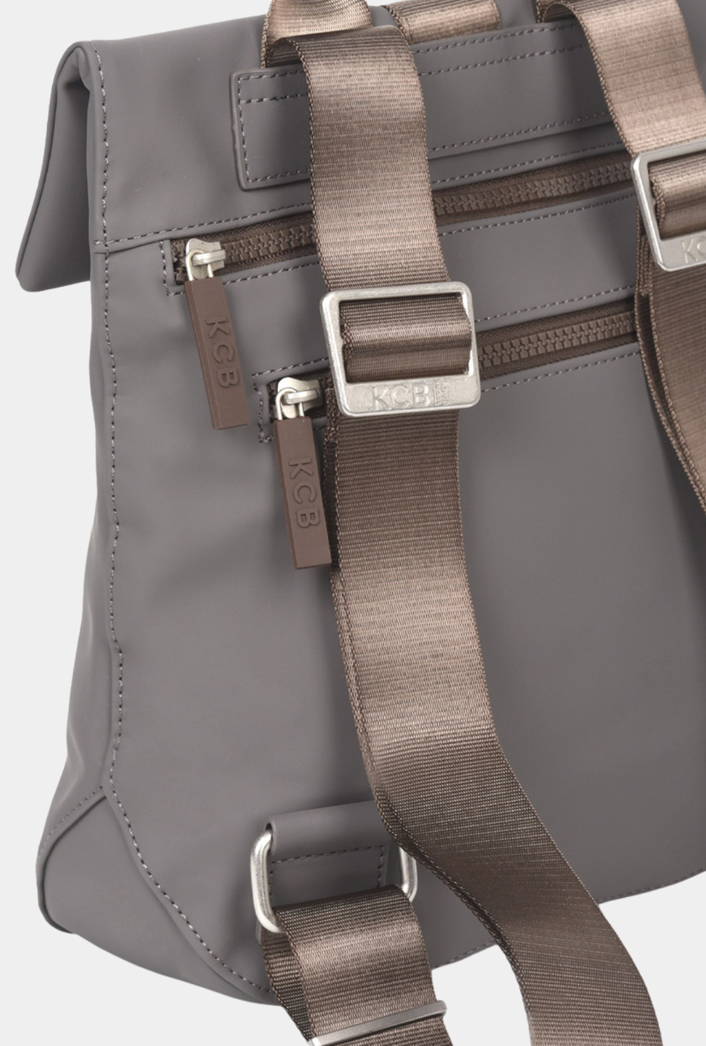Parte trasera de la mochila antirrobo pequeña KCB Chain color gris con bolsillo exterior y asas ajustables