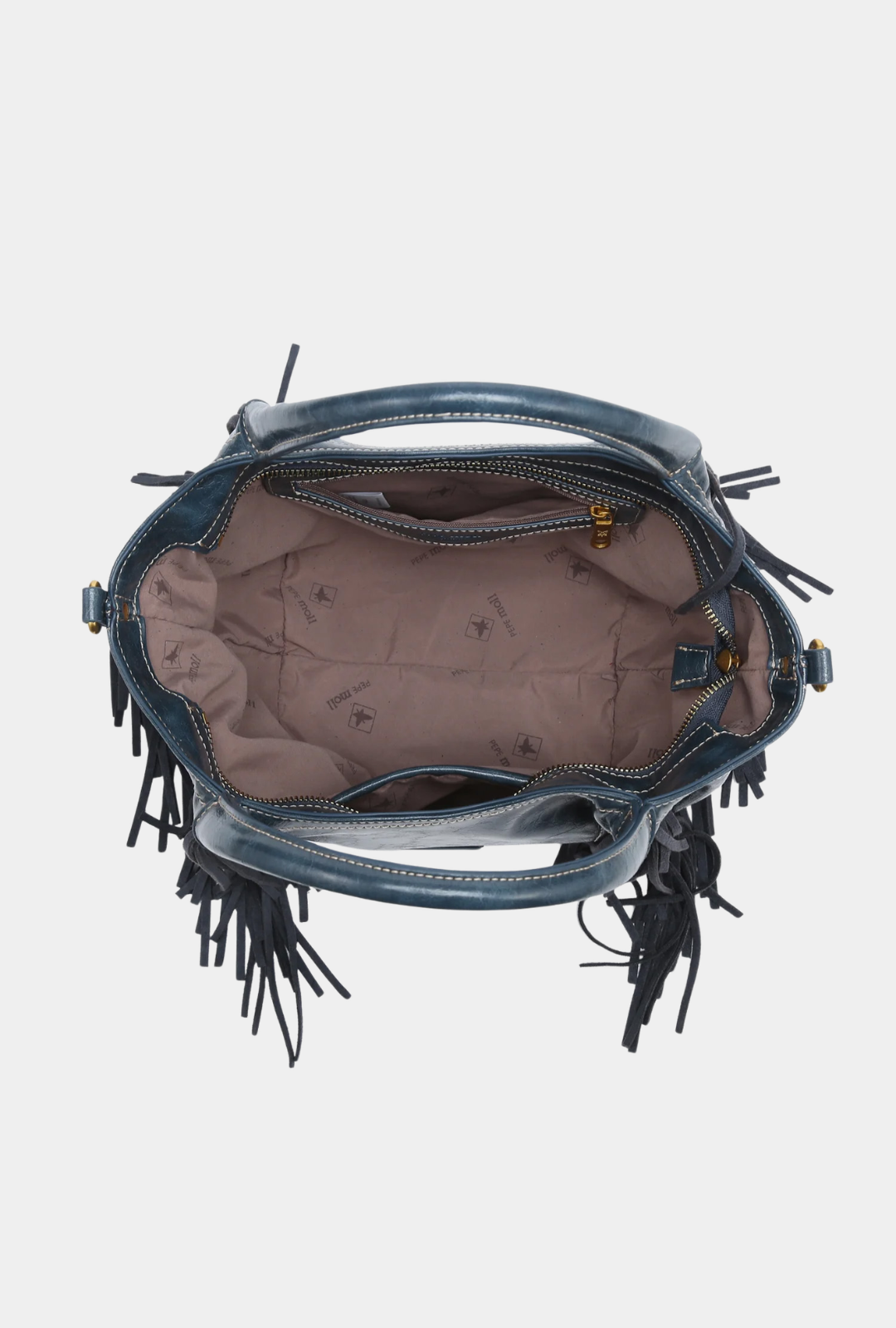 Pepe Moll Bolso de Mano Flecos con Bandolera Daria Petróleo vista superior abierta con interior