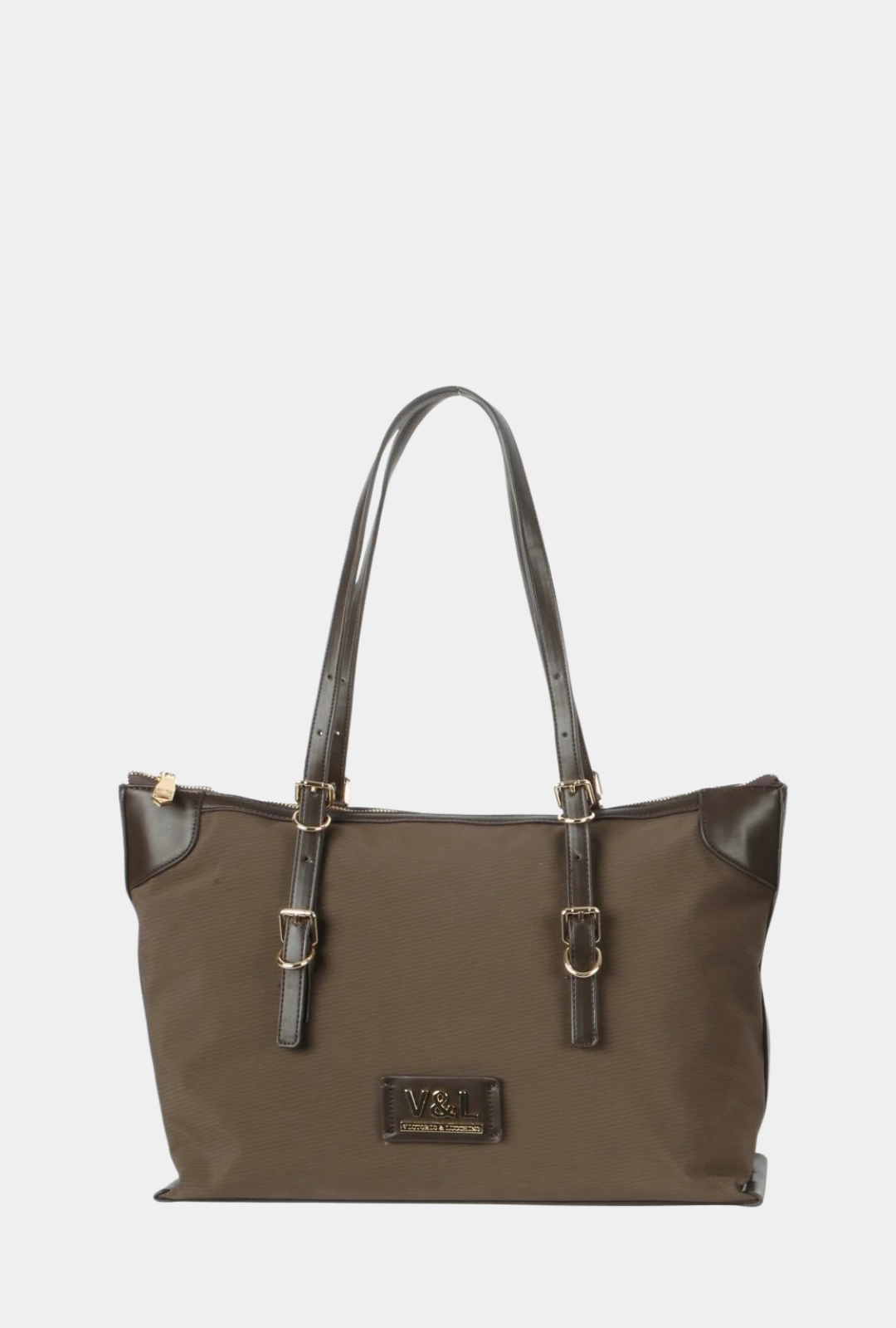 Vista frontal del Victorio & Lucchino Shopper Roble Militare con dos asas largas regulables.